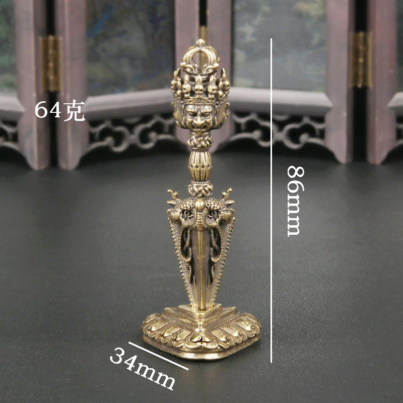 Brass Nepalese Three-Sided Scepter Ornament, Vintage Dragon Head Vajra, Religious Ritual Instrument, Craft Item