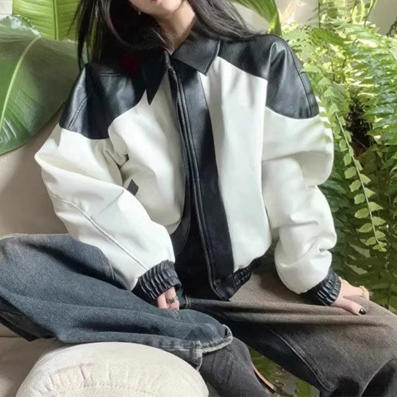 Veste de moto en cuir noir et blanc vintage américain pour femme, veste de style baseball haut de gamme populaire 2025, tendance.