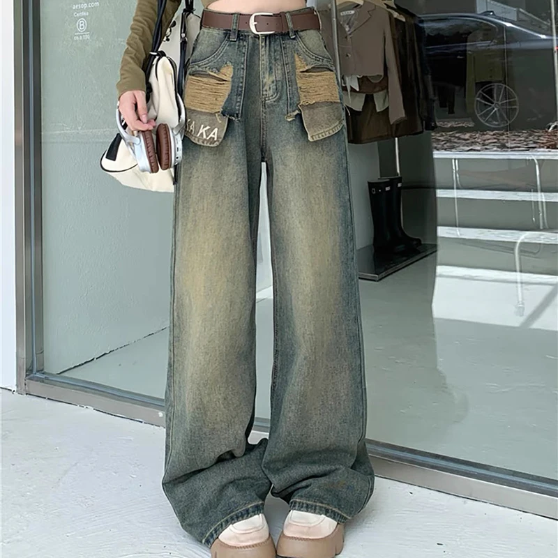 

High waist jeans for women, loose and fashionable, new street style casual trousers, ripped and slim fit, versatile