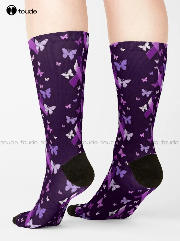 Purple Awareness Ribbon With Butterflies  Socks Socks Men Unisex Adult Teen Youth Socks 360° Digital Print Harajuku Streetwear