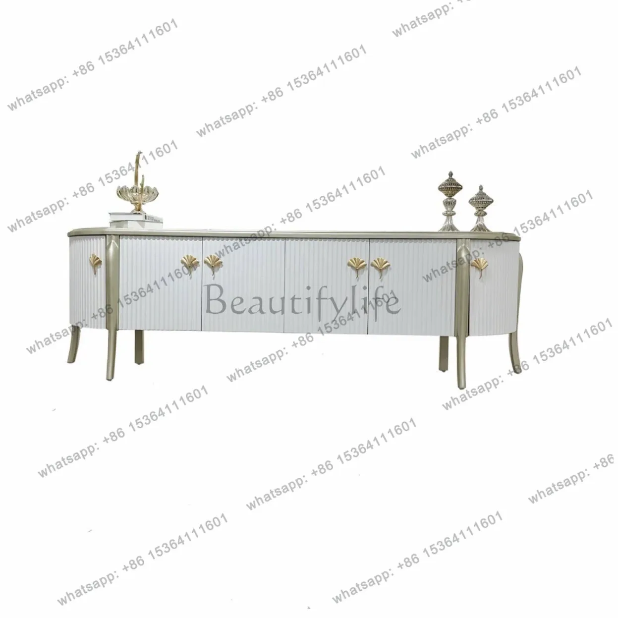 

American light luxury TV cabinet white champagne floor cabinet household storage high-end villa