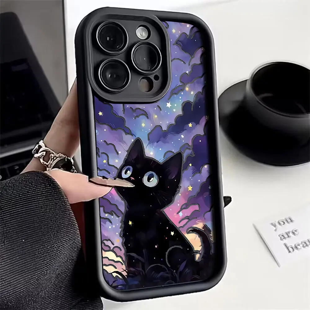 Céu estrelado gato preto caso de telefone para iphone 16 15 14 13 12 11 pro max mini xr xs x 7 8 plus macio tpu capa traseira com alça de mão