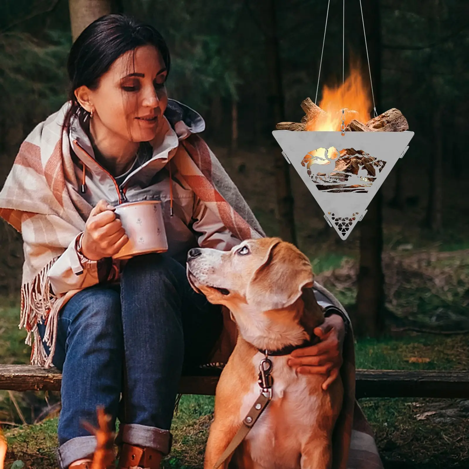 1 Set Camping Hanging Triangular Burning Platform Outdoor Triangular Brazier Tripod BBQ Grill Fold Firewood Burner Bonfire Stove