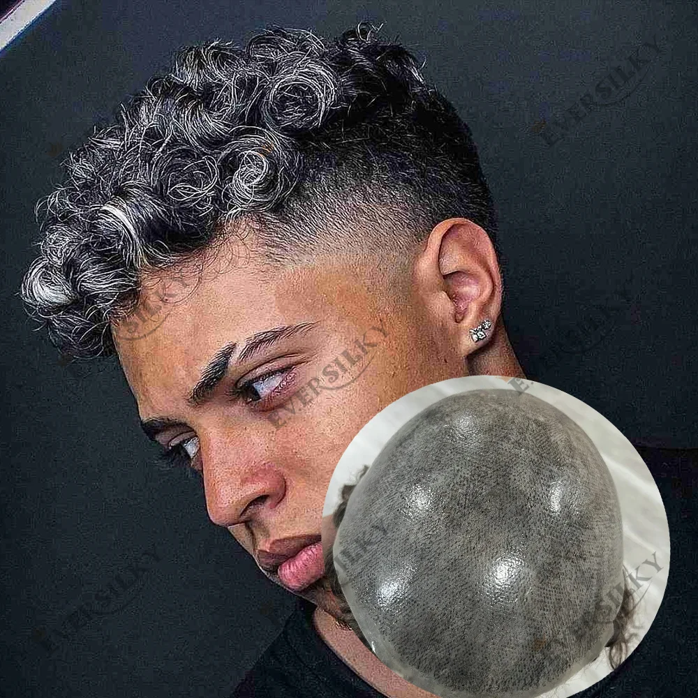 20mm Natural Curly Man's Human Hair Wig 1b40 1b80 Brown Grey Black Men Toupee Undetectable Human Hair Bladness System Prosthesis