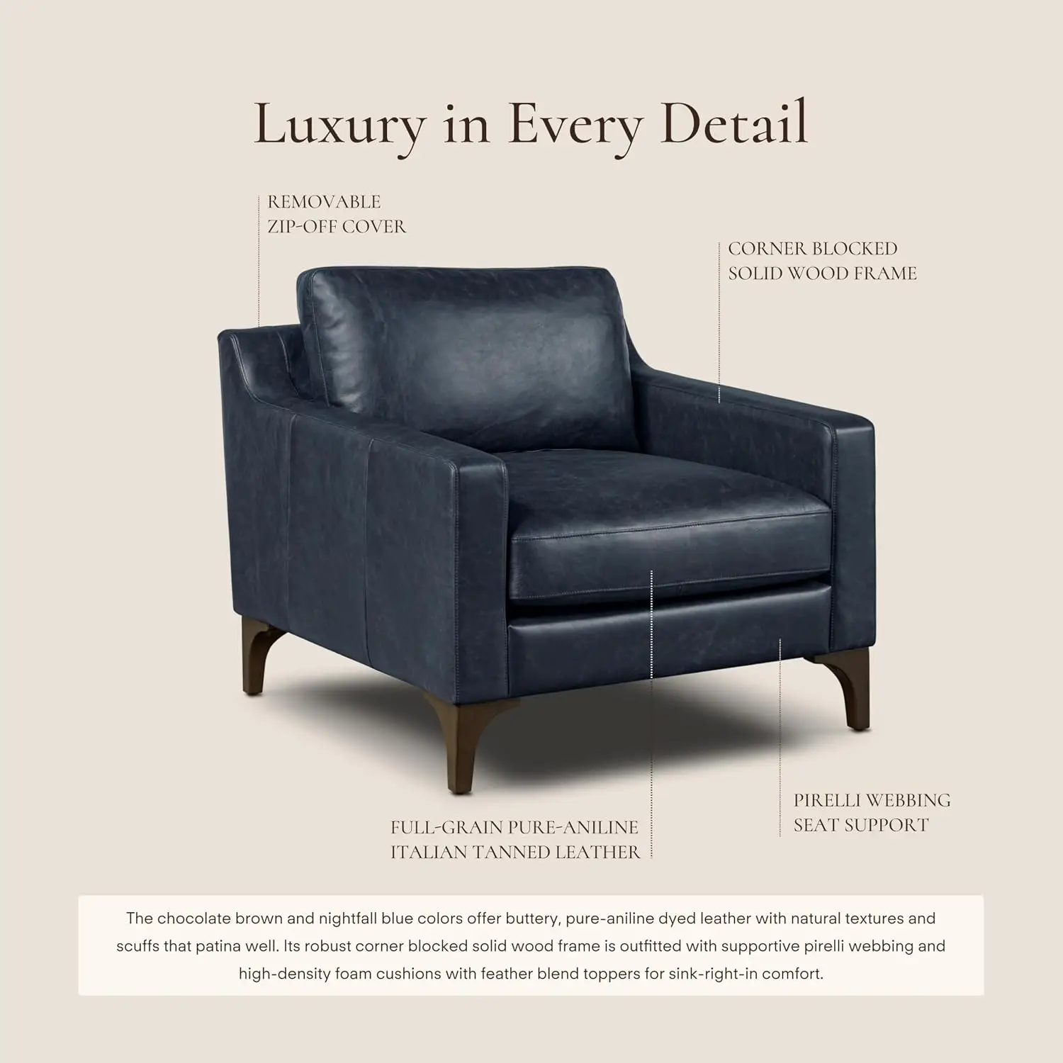 Sorrento Leather Lounge Chair – Full-Grain Nightfall Blue Leather Upholstery with Feather-Blend Cushions – Modern Upholstered Ac