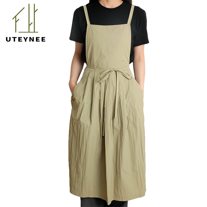 Uteynee Long Kitchen Waterproof Apron with Custom Logo for Women Anti-dirty Pleated Pinafore with Pockets for Nail Beauty Salon