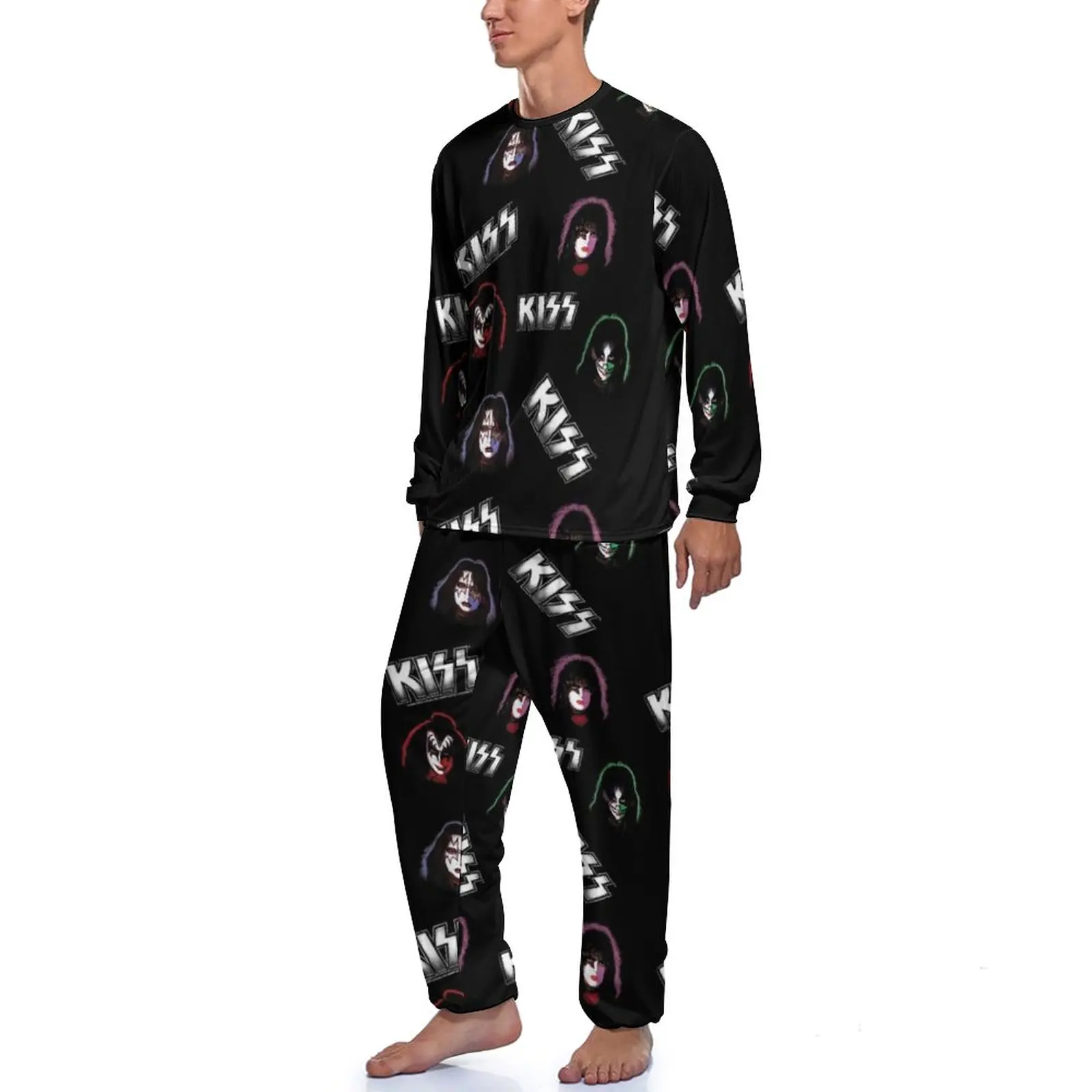 Kiss Band Pajamas Long-Sleeve Rock Musician 2 Pieces Bedroom Pajama Sets Spring Mens Graphic Kawaii Sleepwear