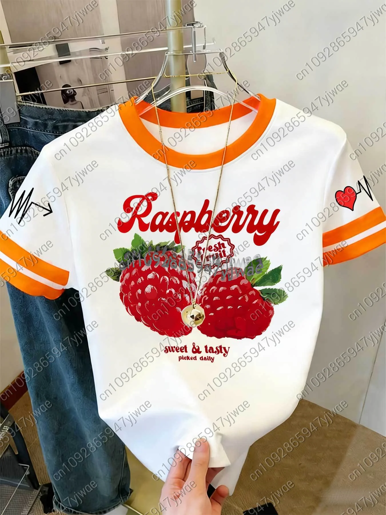 2026 Damen Kurzarm Colorblock T-Shirt mit Himbeer-Print im Y2K-Stil, Rundhals-Oberteil für Outdoor-Sport, Erwachsenen-Damen-T-Shirt – Detail 6