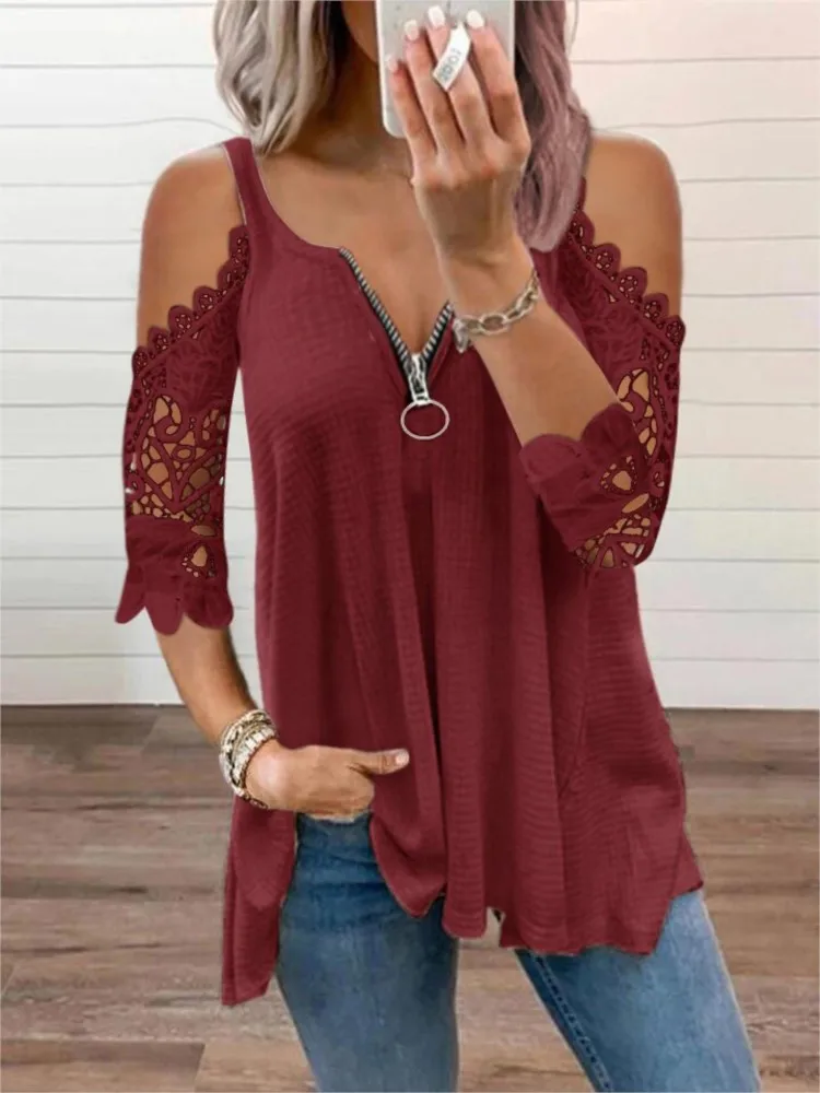 Casual Solid Lace T Shirt Top For Women Fashion Short Sleeve V Neck Zipper Off Shoulder Tshirts Tops Lady Holiday Clothes Summer