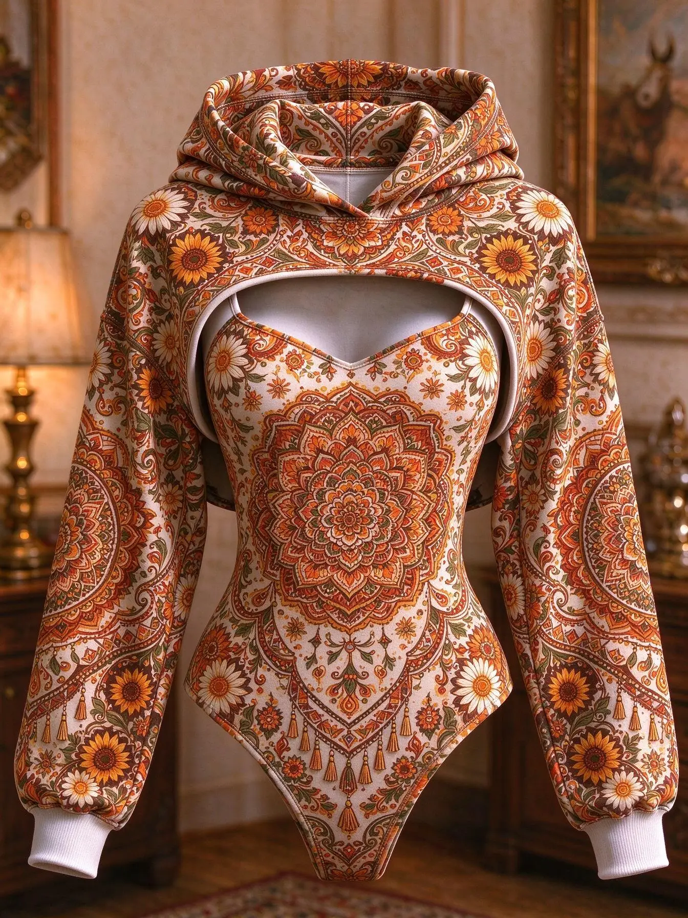 Women Boho Sunflower Mandala Print Double Hood Bodysuit Hollow Out Long Sleeve Hoodie