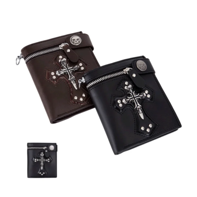 Men\'s PU Leather Wallet Foldable Rivet Retro Biker Wallet Anti-theft Pants Chain Purse Male Rock Punk Goth Tote Bag Walltes