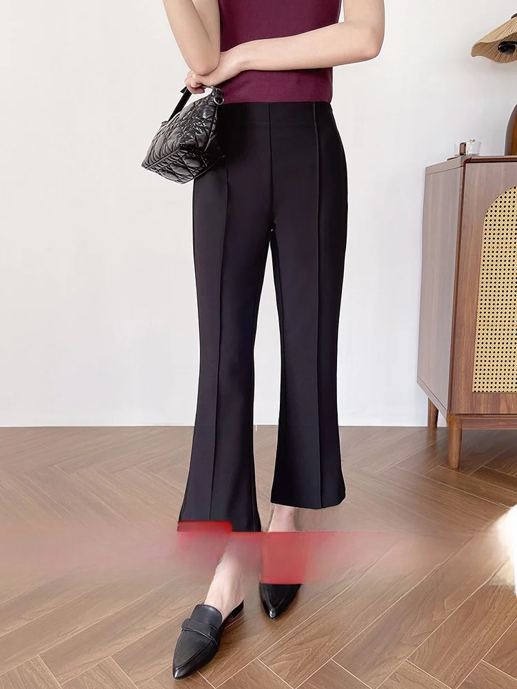 

High Waist Slim Fit Casual Pants for Women Black Nine Points Flared Pants Korean Fashion Elegant Style Polyester Fiber
