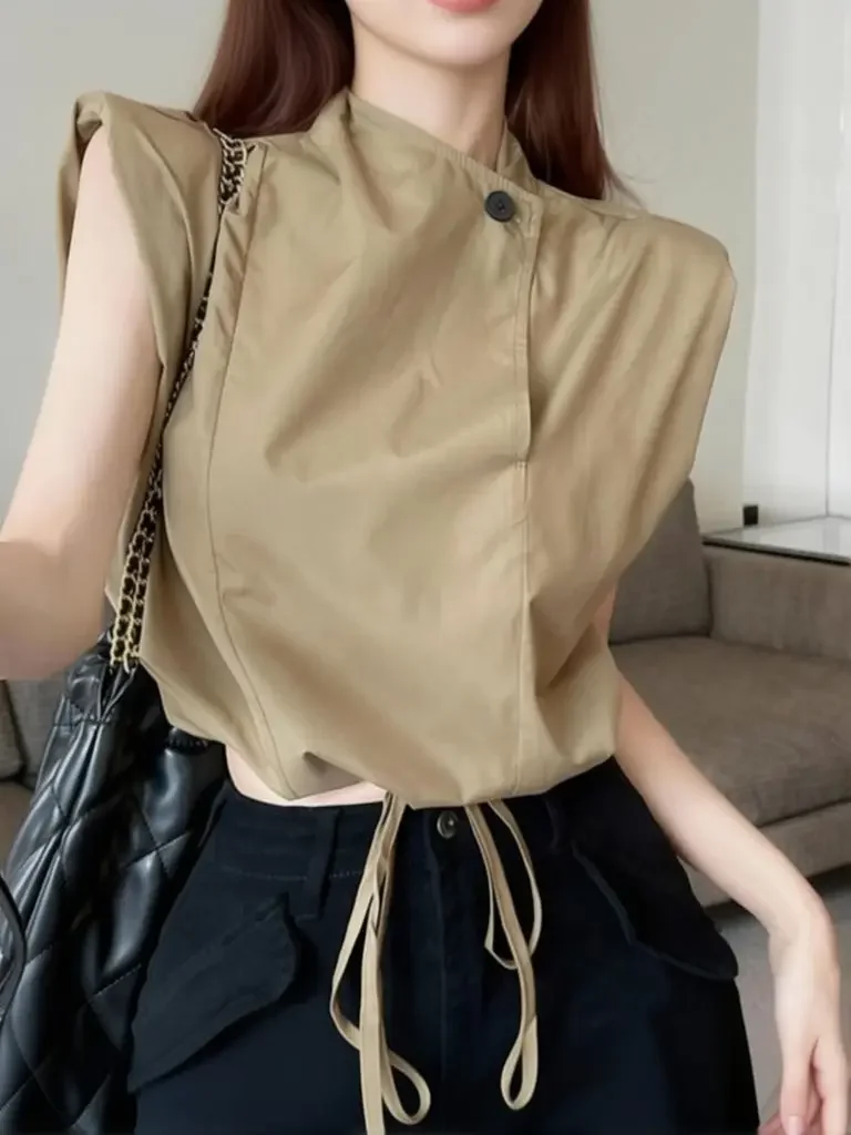 Stylish Stand Collar Cropped Top Women Diagonal Button Short Drawstring Waist Sleeveless T Shirt With Shoulder Pads Tee