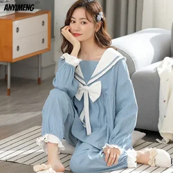 Women's Pajamas Princess Style Cotton Spring Fall Navy Collar Pyjamas Asian Size Bow Sky Blue Kawaii Pajamas Korean Youth Pj Set