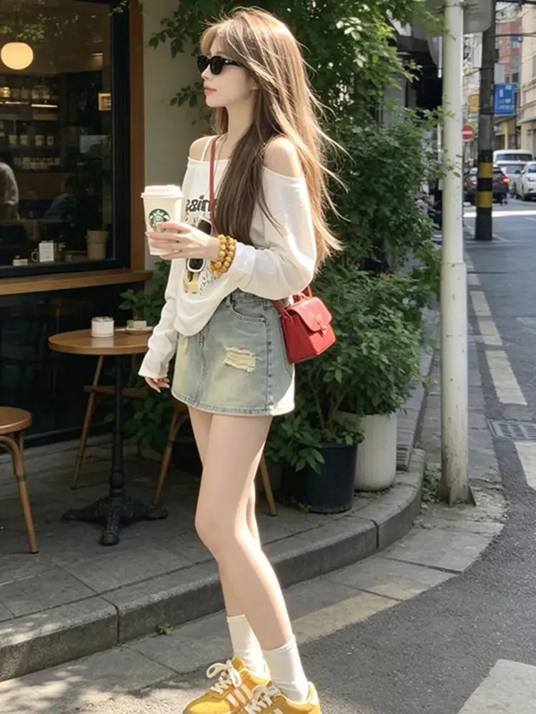 Trend Sexy Off-the-shoulder Print Tops T-shirts Long-sleeved Shirt Women Spring Summer Versatile Cover-ups Harajuku Graphic Tees