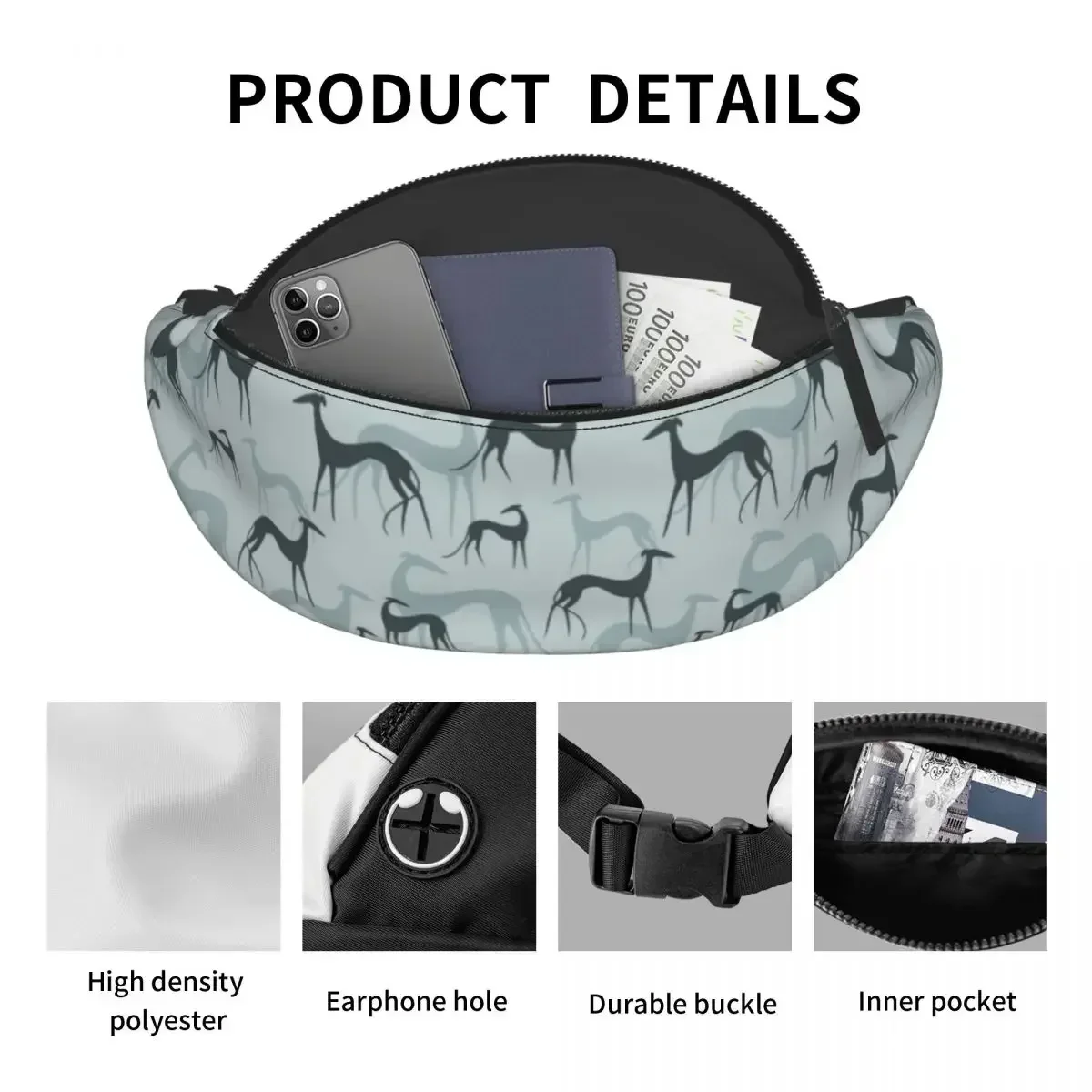 موضة السلوقي Galgos الكلب حزمة مراوح الرجال النساء الوبت البصر Crossbody الخصر حقيبة لتشغيل الهاتف المال الحقيبة