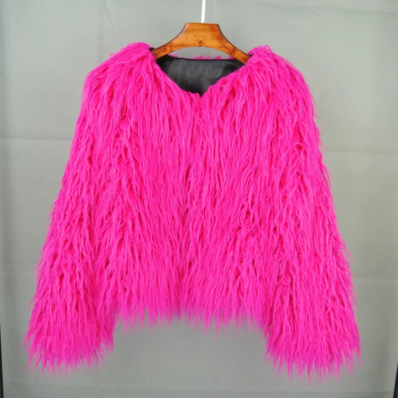 Chic Boho Furry Faux Mink Fur Jacket Bomber Women Fur Imitation Trench Coats Autumn Winter Pink Shaggy Long Hair Cardigan Tops