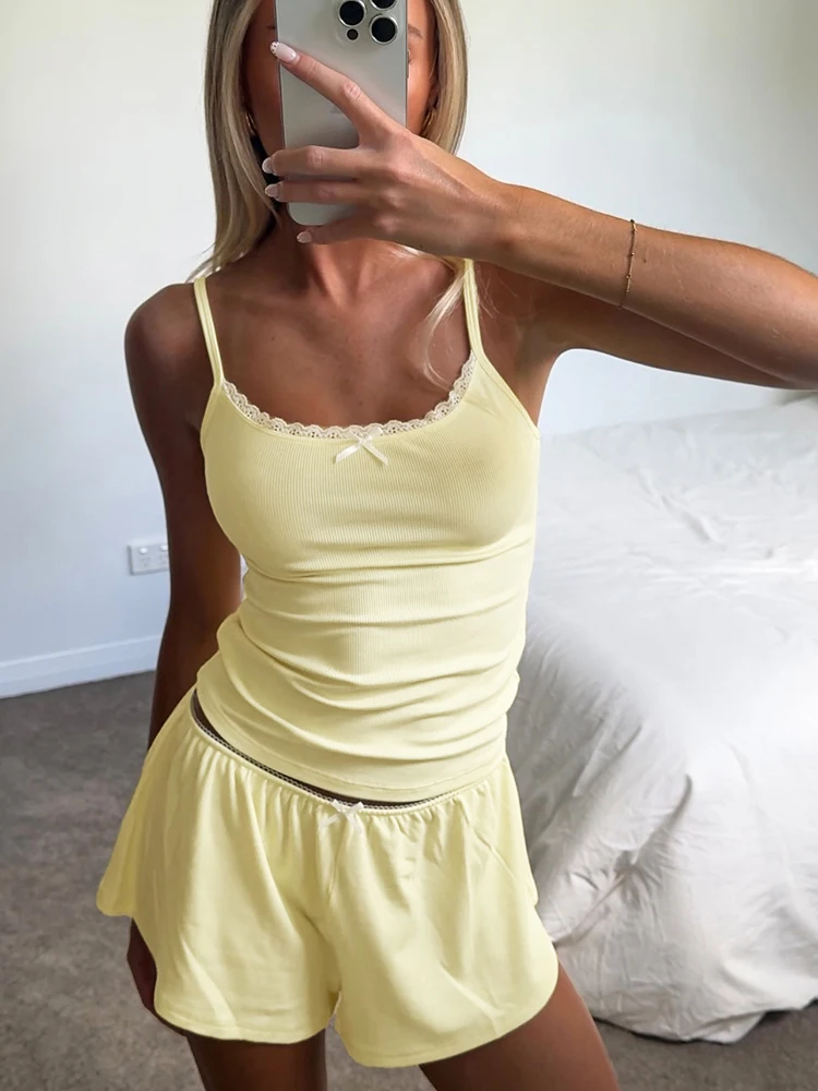 

Hiloc Women'S Rayon Soft Pit Suspenders Shorts Pajamas Set Solid Color Lace Decorative Soft Elastic Home Clothes New Spring 2026