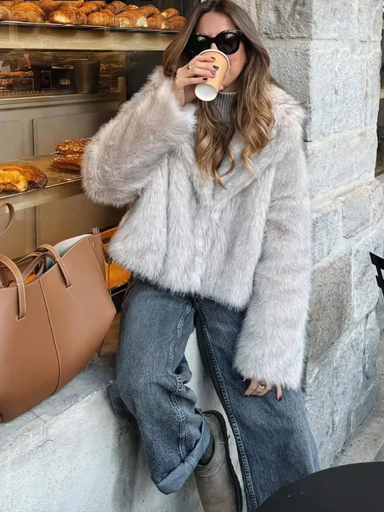 

2024, женское пальто из искусственного меха, женское повседневное теплое толстое пальто с воротником с лацканами, модная винтажная черная зимняя верхняя одежда с длинными рукавами