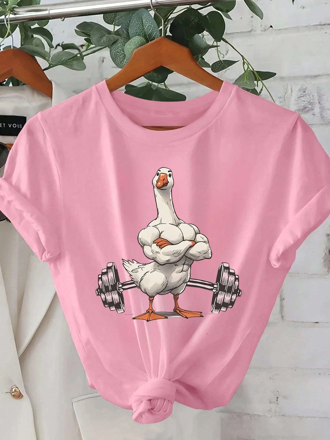 Women's Casual Graphic T-Shirt Funny Muscular Duck Lifting Weights Short Sleeve Round Neck Summer Top Streetwear Cartoon clothes
