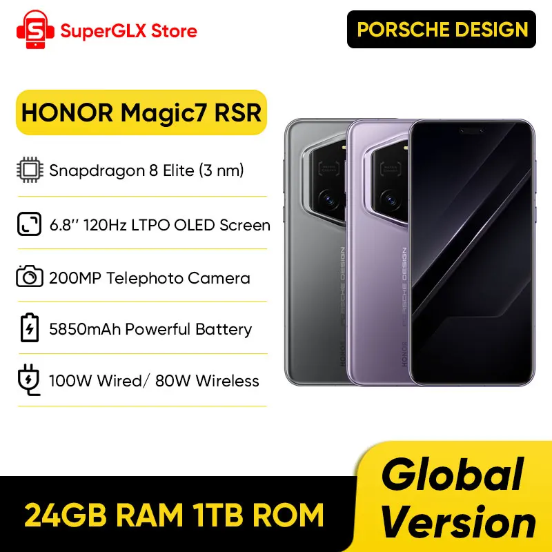 Global Version HONOR Magic7 RSR PORSCHE DESIGN 5G Smartphone 6.8'' 120Hz LTPO OLED Display Supports Max 80W Wireless SuperCharge