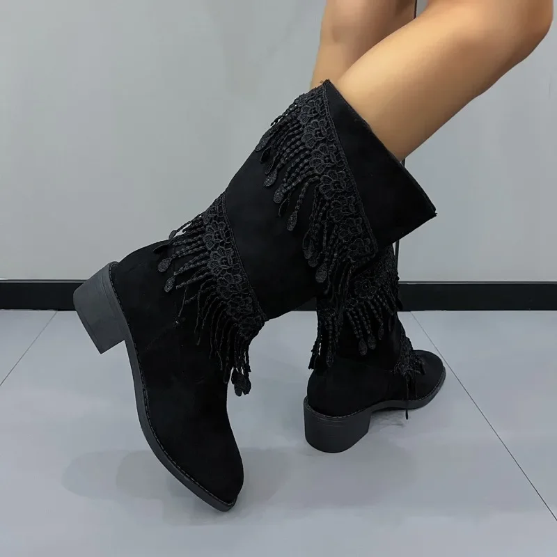 2023 Brand Shoes for Women Slip-on Women's Boots Fashion Fringe Office and Career Hot Sale Square Heel Mid-Calf Shoes Female