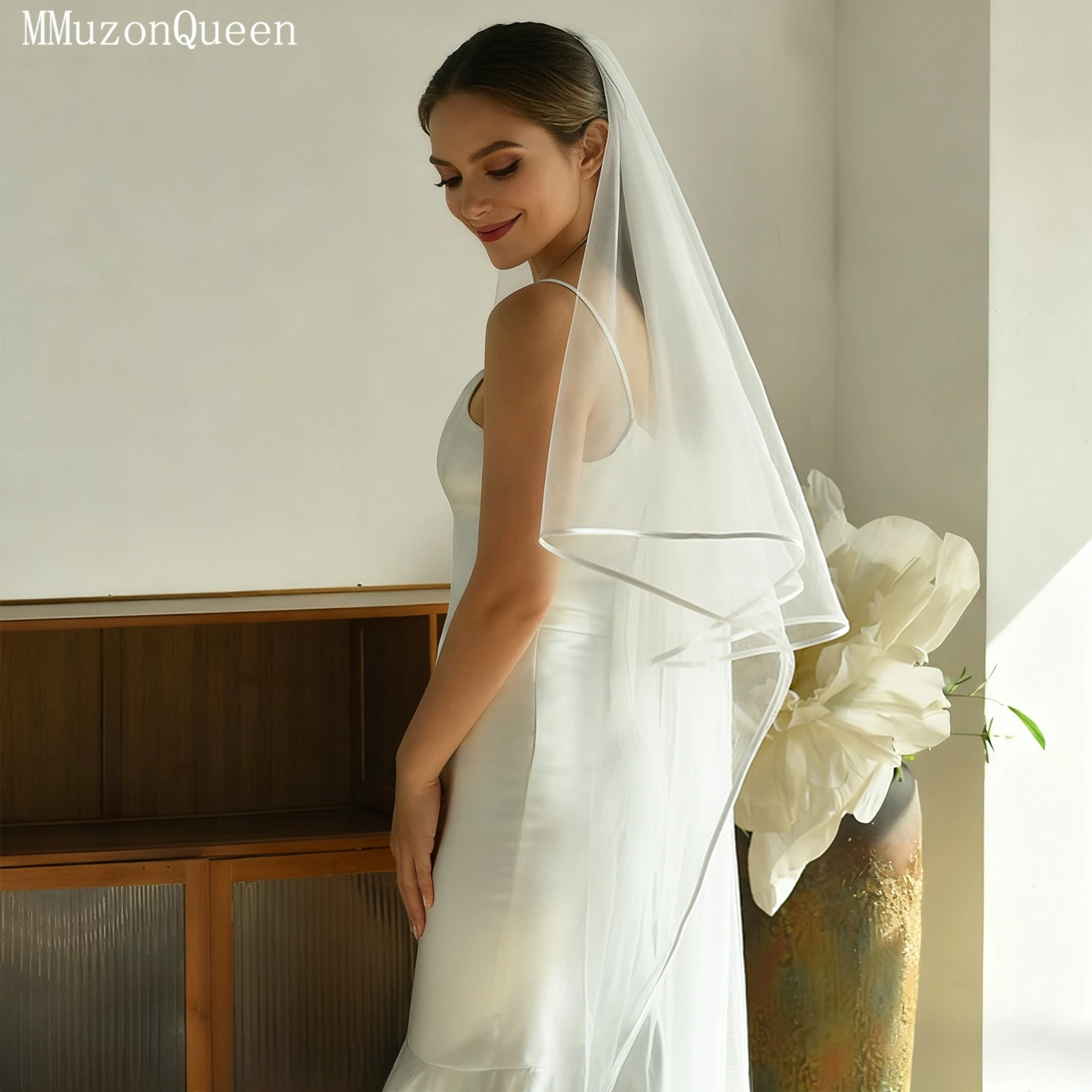 TOPQUEEN V97 حجاب الزفاف 2-Layer الشريط حافة طرحة الزفاف مع مسحوق أحمر الخدود اكسسوارات الزفاف الحجاب الطويل للتخصيص