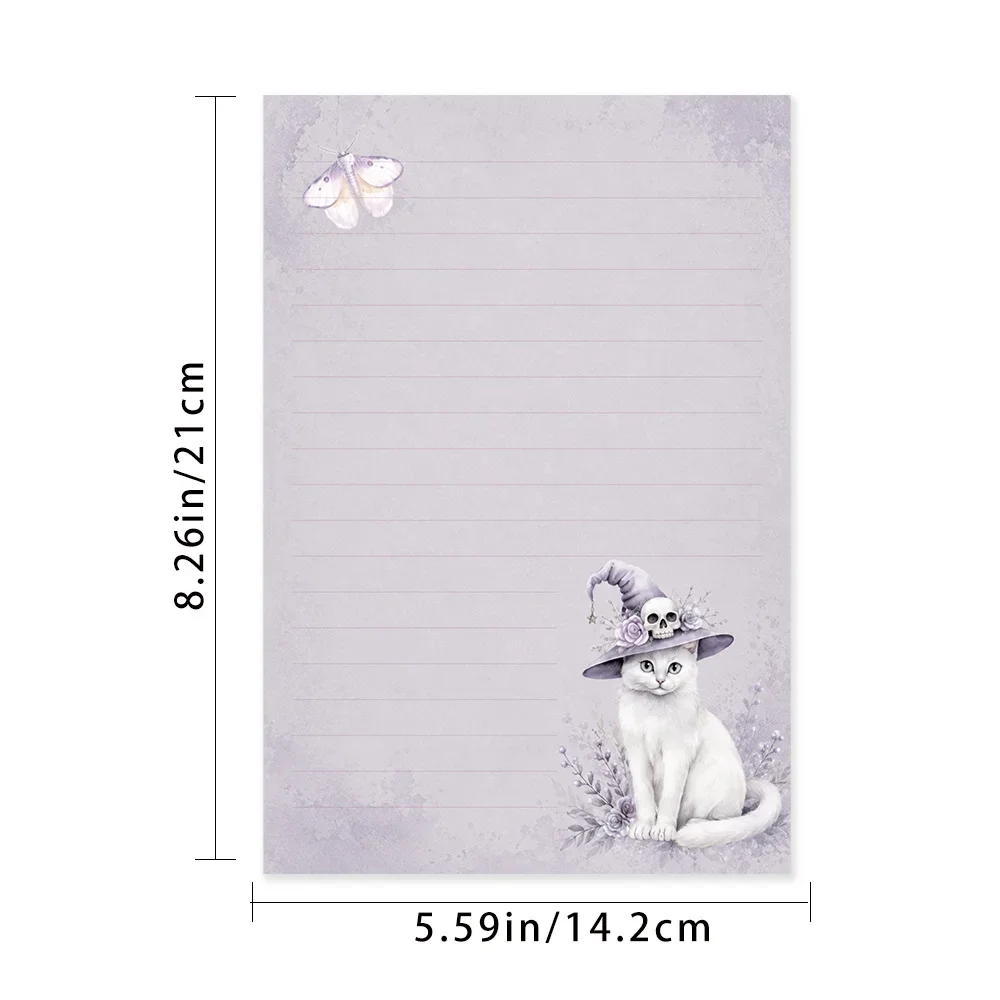 50 Sheets, Light Purple Watercolor Witch White Cat Writing Paper, Lined, Glue-free, Perfect For Notebooks, Memos, And Stickers