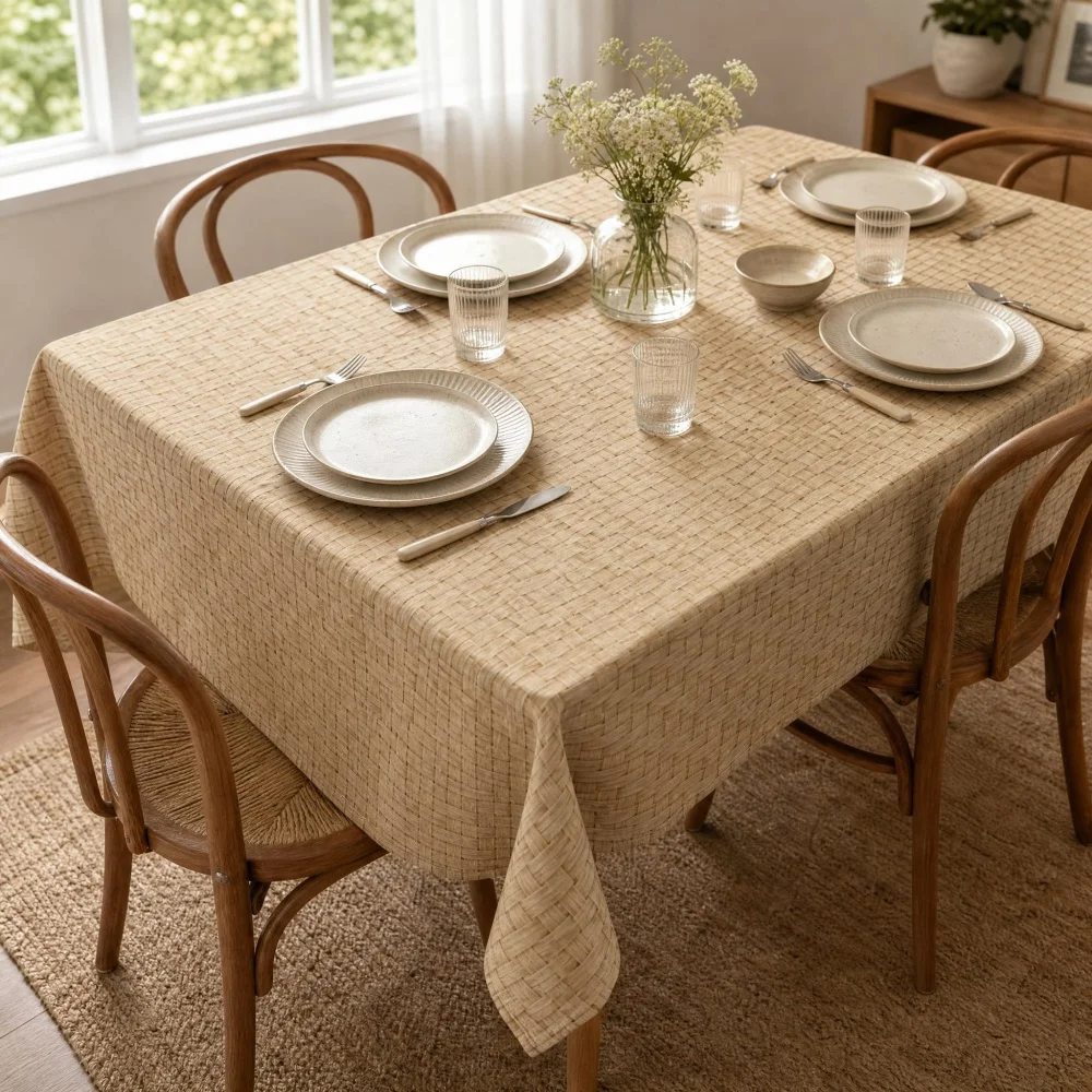 Khaki Faux Woven Texture Rectangle Tablecloth Minimalist Neutral Solid Decorative Table Cover for Dining Kitchen Home Decor
