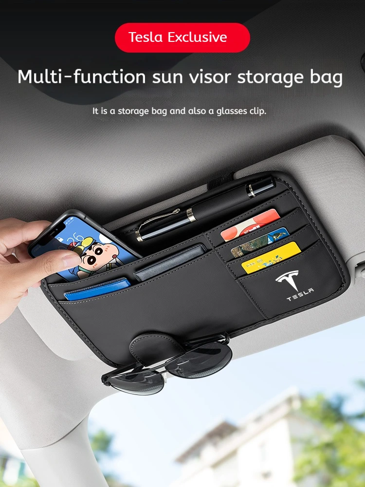 

Car PU Leather Sun Visor Glasses Clip Card Holder Storage Pockets For Tesla Model Y Model 3 Model S Model X Interior accessories