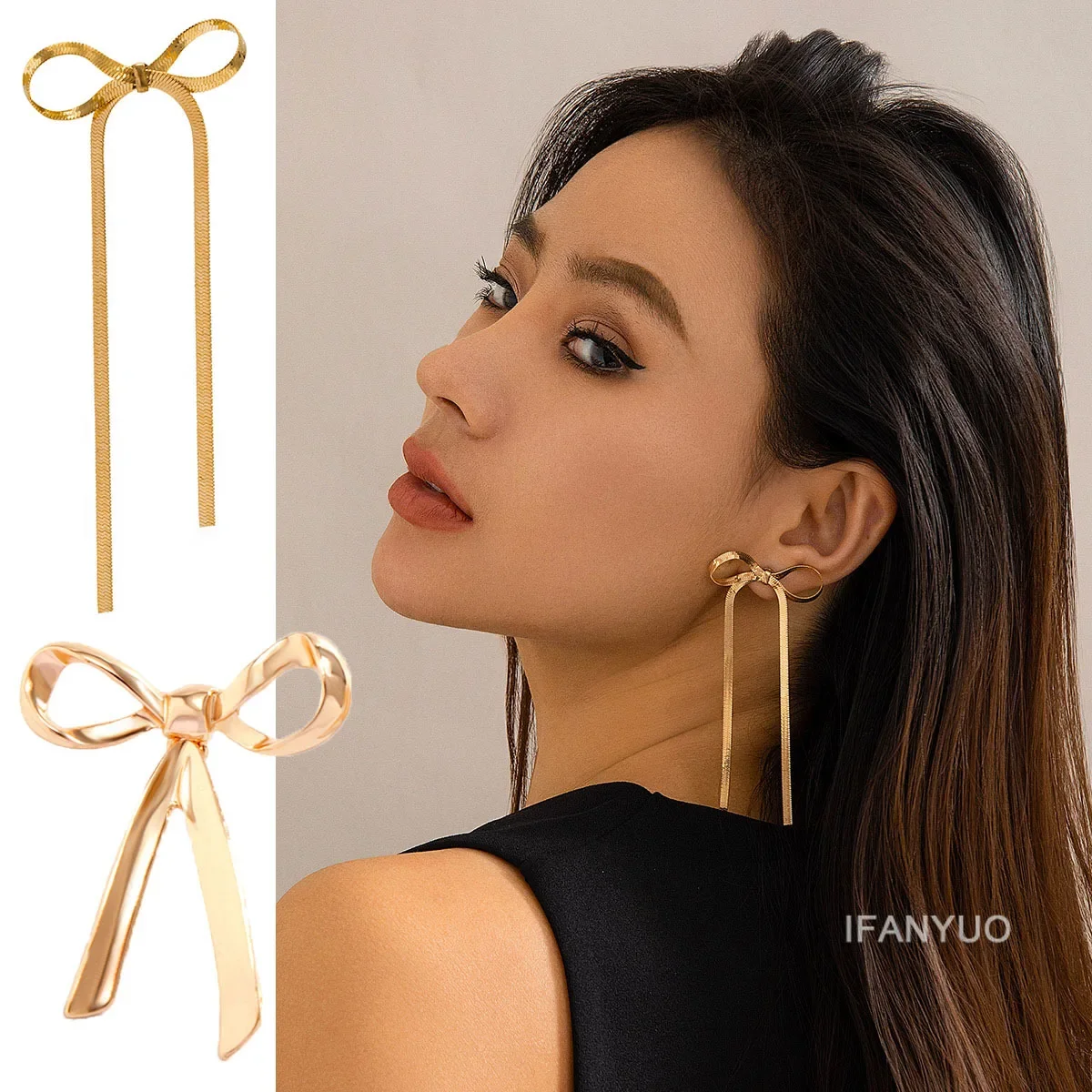 2024 New Stainless Steel Long Tassels Bow Dangle Earrings Flat Snake Chain Bowknot Ear Stud Minimalist Rings Lightweight Jewelry