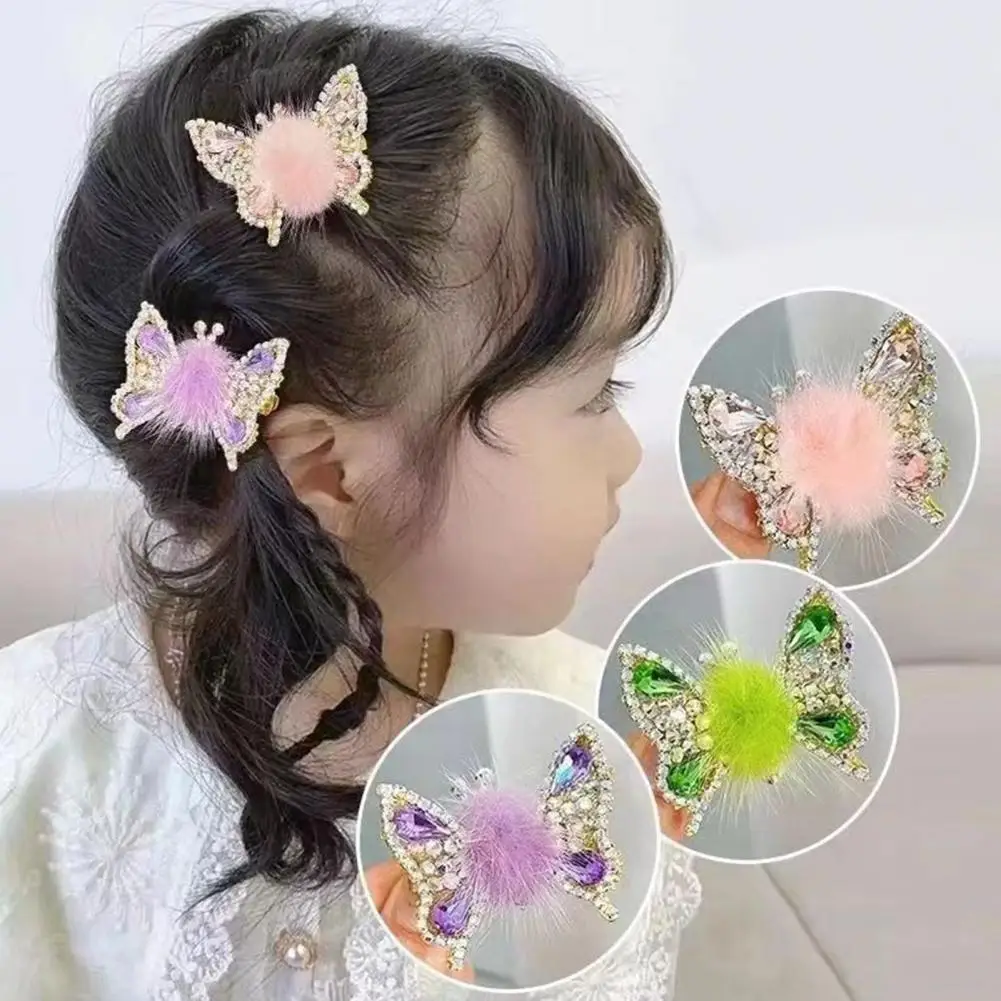 Shiny Plush Ball Decor Metal Clip Girl Hairpin Flying Rhinestone Butterflies Bang Hair Metal Clip Hair Accessories