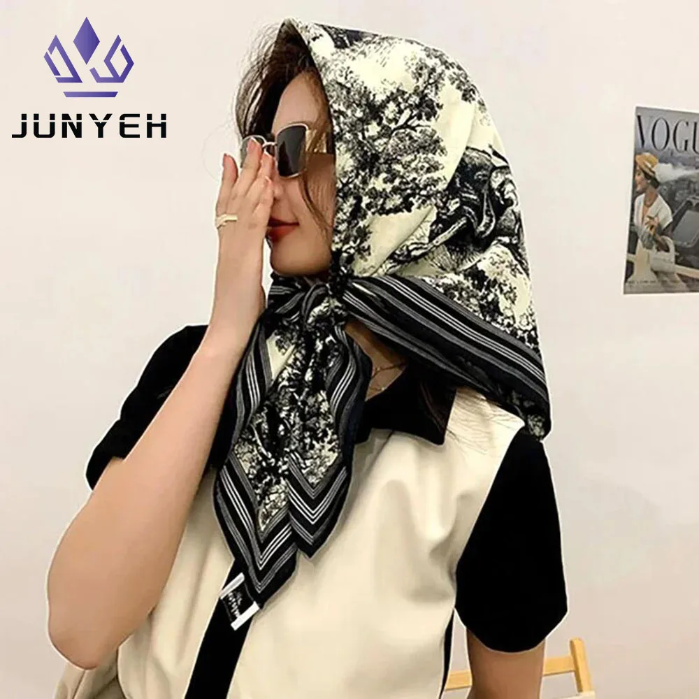 

90*90cm Silk Scarves Women Print Foulard Square Head Hijab Ladies Luxury Brand Shawl Bandanna Female Muffler Outdoor Activities