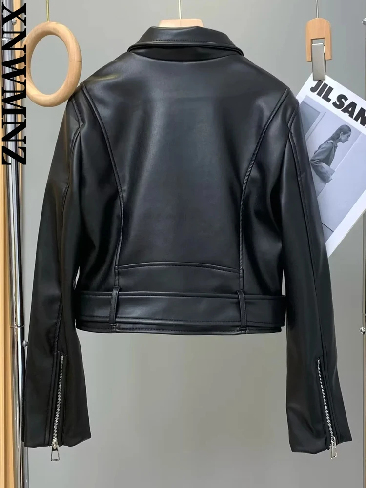 XNWMNZ 2022 Women Fashion Black Faux Leather PU Jacket Woman Belt Zipper Slim Fit Short Outerwear Female Chic Jacket