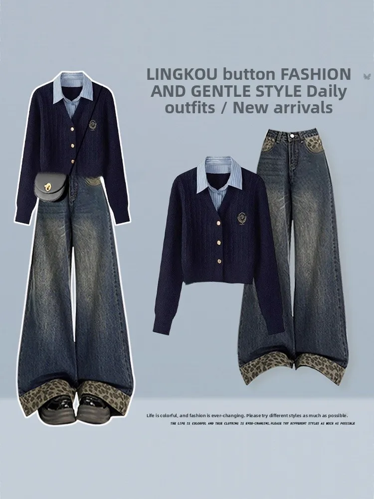 

Large Size Autumn Winter College Sle Knitted Set Women's Ele Fake Two-Piece Top with Retro Leopard Print Jeans Two-Piec...