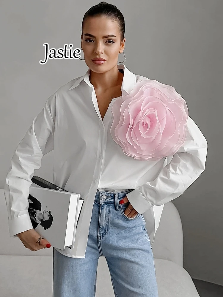 

Jastie 3D Flowers Vintage Simple Blusas 2024 Spring Fall Women Shirts Blouses Mujer Fashion Elegant Sweet Loose Shirts Tops