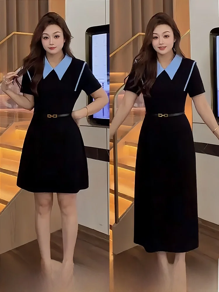 

Slimming Effect A-Line Dress High Waist Belt Modern Style Commute Suitable plus Size Women's Clothing Summer Short Sleeve