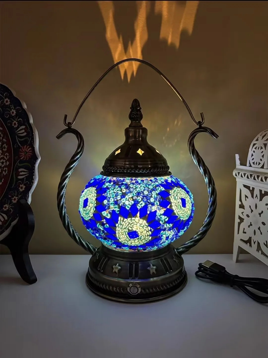 Rechargeable Turkish Mosaic Table Lamp Deco Handcrafted Lampe Abajur Para Quarto Bed Night Light Lampara De Noche Dormitorio