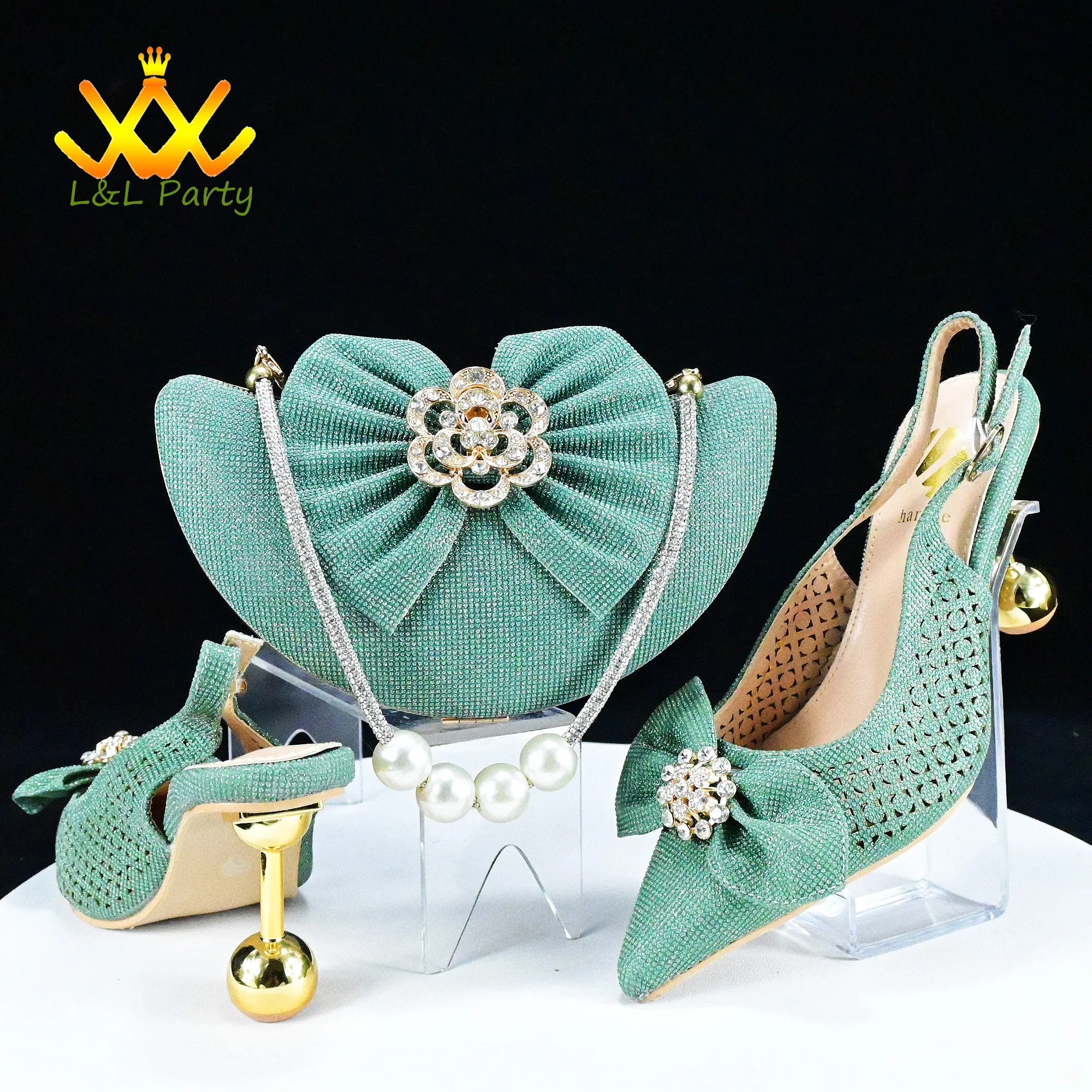 2024 Special Italian Women Design Nigerian Shoes and Bag Set in Green Color Mature Style INS Hot Sale with Crystal for Party