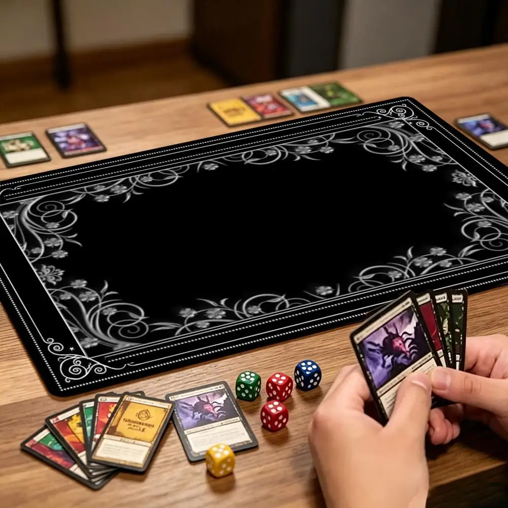 Simple Silver Floral Frame Playmat Large Gaming Mouse Pad Non-Slip Rubber  TCG Card Game Desk Mat Mousepad Gathering Gaming Mat