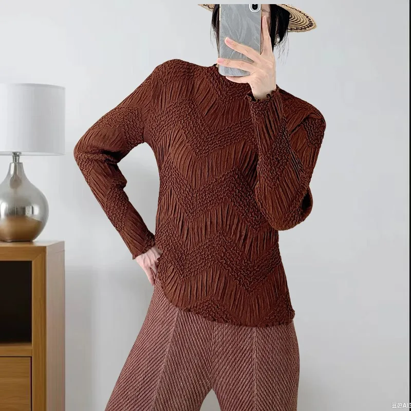 

Miyake плиссированная футболка, нижняя рубашка, женская 2200, универсальная высокая простая футболка с длинными рукавами, однотонные тонкие топы, осень