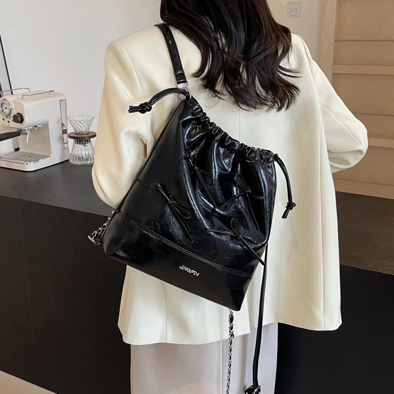 Bow Design Pu Leather Small Korean Fashion Women Handbags and Purses 2024 Y2K Female Silver Chain Crossbody Bags Shoulder Bags