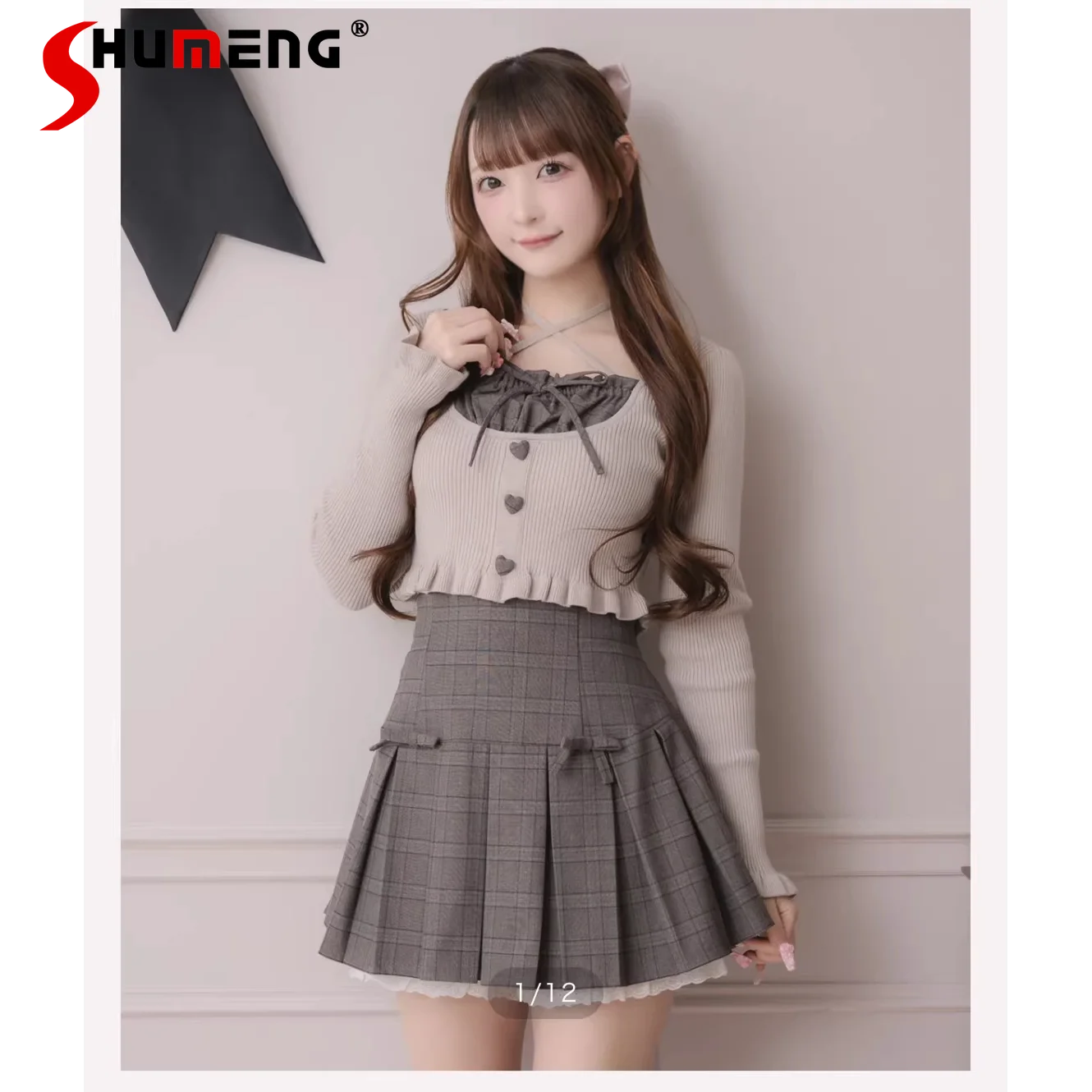 

Japanese Elegant Sweet Versatile Knitted Tops Plaid Pleated Splicing Lace-up Neck Collar Bow Long-sleeved Short Pullovers Women