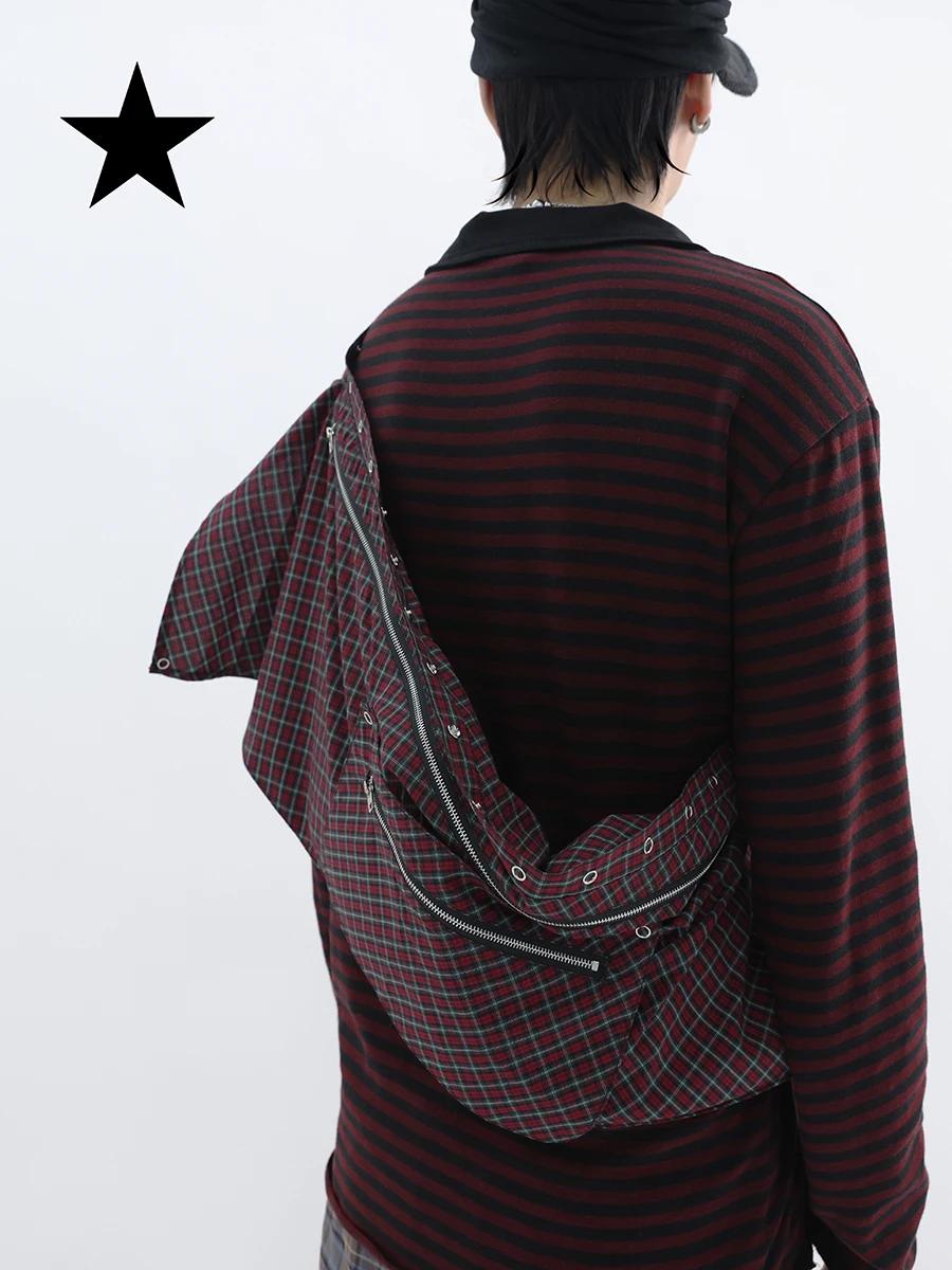 

American Retro Original Design Personalized Irregular Dark Red Checkered Metal Rivet Decoration Multifunctional Diagon Cross Bag