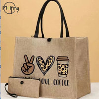 2 Pcs Linen Tote Bag Large Capacity Canvas Handbag Shopping Bags Makeup Bag Coin Purse for Wedding Birthday Gift  Beach Vacation