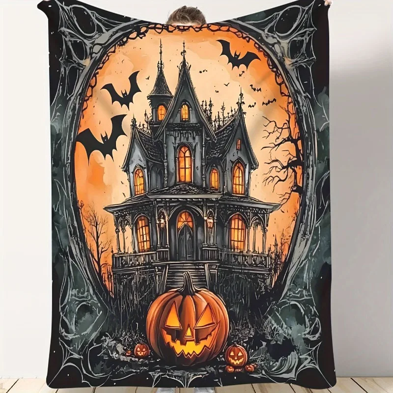 Flanell-Überwurfdecke mit Horror-Motiv aus der Mitte des Jahrhunderts – weiche Digitaldruck-Polyester-Halloween-Schloss-Design, warme Plüsch-Couchbettwäsche