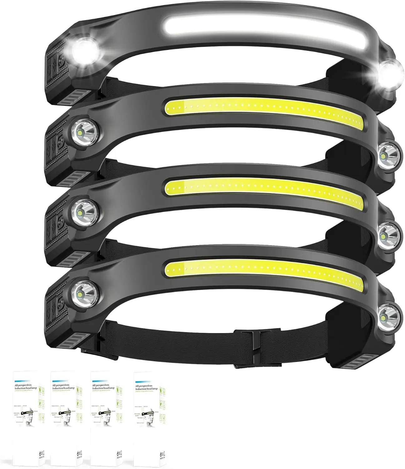 

Перезаряжаемый светодиодный налобный фонарь с режимом датчика, 260 ° Широкий луч, водонепроницаемость IPX4 для кемпинга (4 шт.)