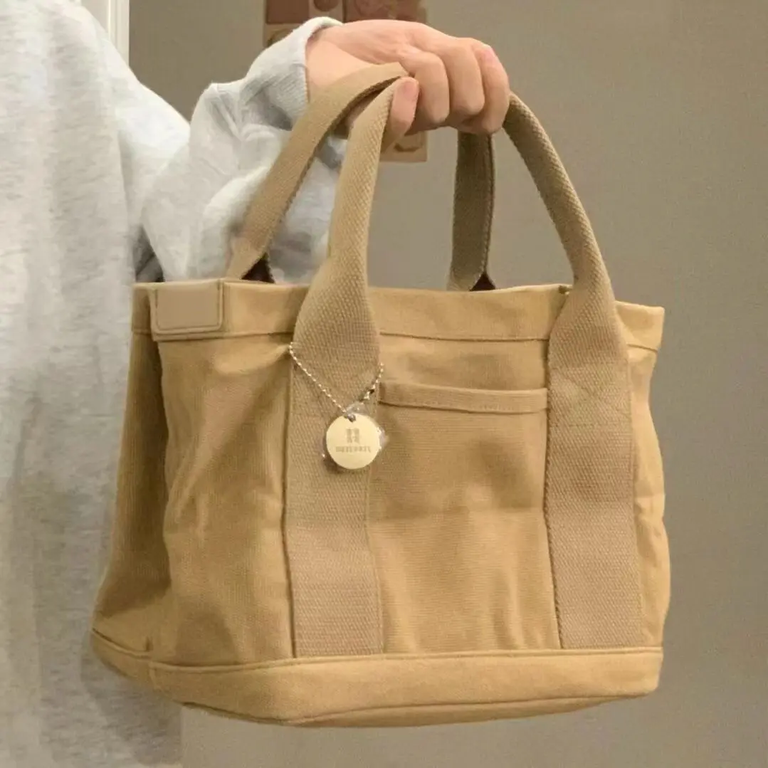 Simple Canvas Small Bag Vintage Women Handbags for Work Commuting Carrying Bag Solid Color College Handbag Casual Bookbag