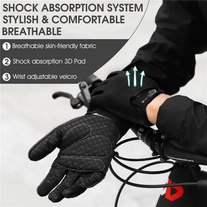 WEST BIKING Full Finger Cycling Gloves Touch Screen Anti-slip Shock Absorption Bike Gloves Breathable Mittens Cycling Equipment