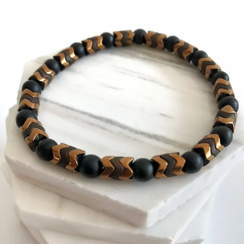 Men's Black Onyx Round Bead & Arrow Stone Bead Yoga Bracelet